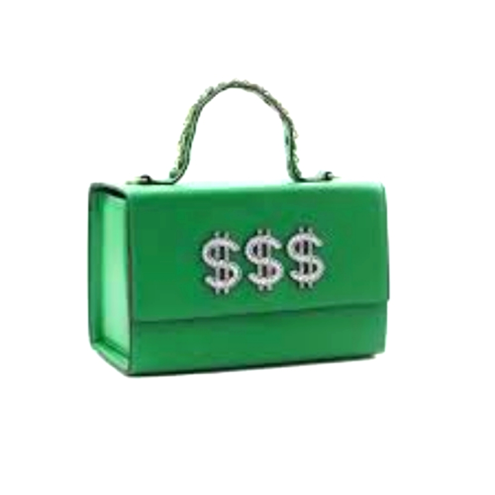 Sunglasses+Green Designer Handbag with Dollar Sign Embellishments